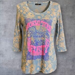 Vintage Y2K Seven7 Burnout Blue and Pink Graphic 3/4 Sleeve Top Size Medium EPOC